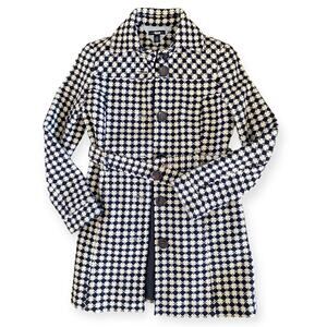Y2K Tommy Hilfiger Wool Blend Woven Print Navy Cream Belted Trench Coat size 6